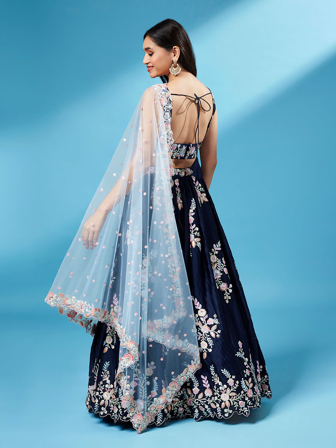 Navy Blue Pure Georgette Thread & Sequinse Work Semi-Stitched Lehenga & Unstitched Blouse, Dupatta