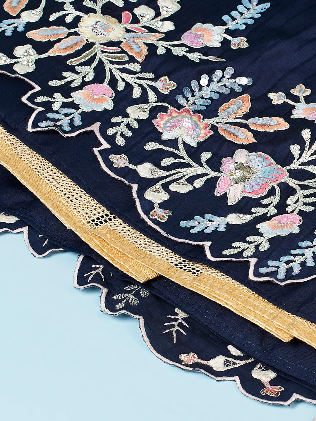 Navy Blue Pure Georgette Thread & Sequinse Work Semi-Stitched Lehenga & Unstitched Blouse, Dupatta