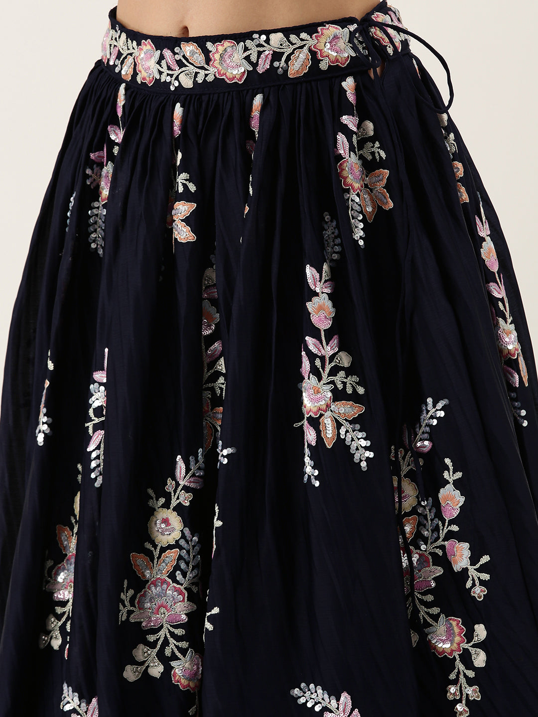 Navy Blue Pure Georgette Thread & Sequinse Work Semi-Stitched Lehenga & Unstitched Blouse, Dupatta