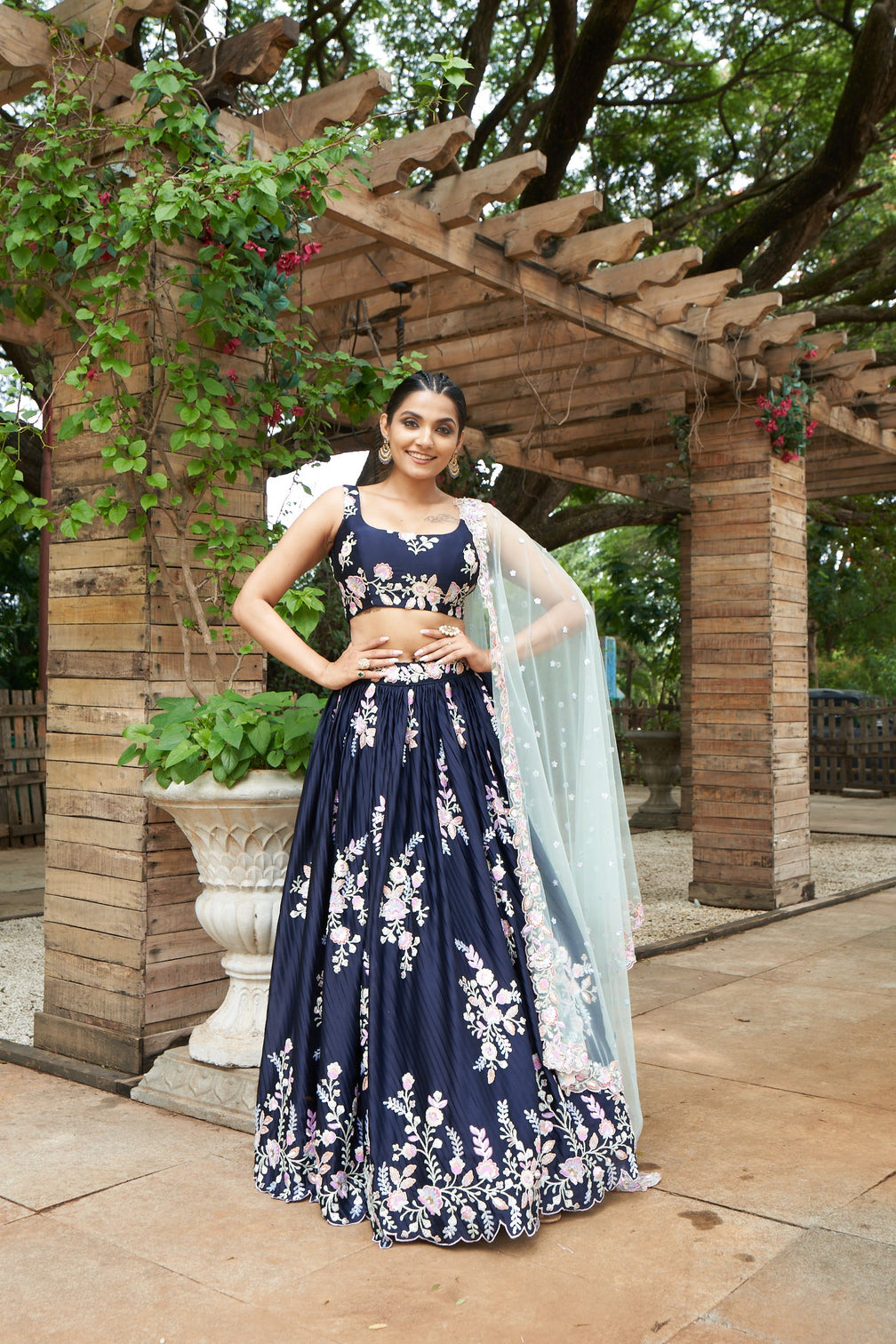 Navy Blue Pure Georgette Thread & Sequinse Work Semi-Stitched Lehenga & Unstitched Blouse, Dupatta