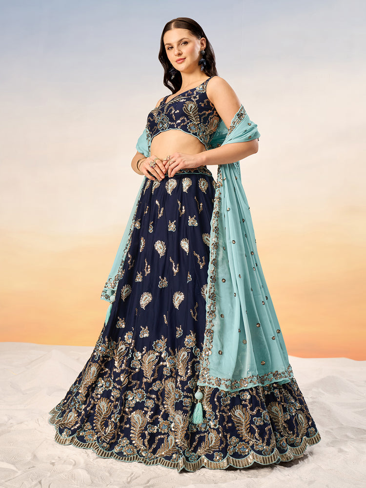 Navy Blue Pure Georgette with heavy Sequins embroidery Semi-Stitched Lehenga choli & Dupatta