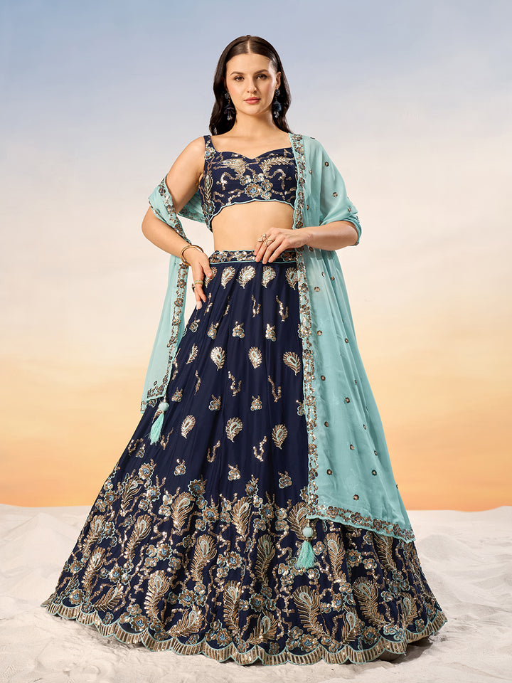 Navy Blue Pure Georgette with heavy Sequins embroidery Semi-Stitched Lehenga choli & Dupatta