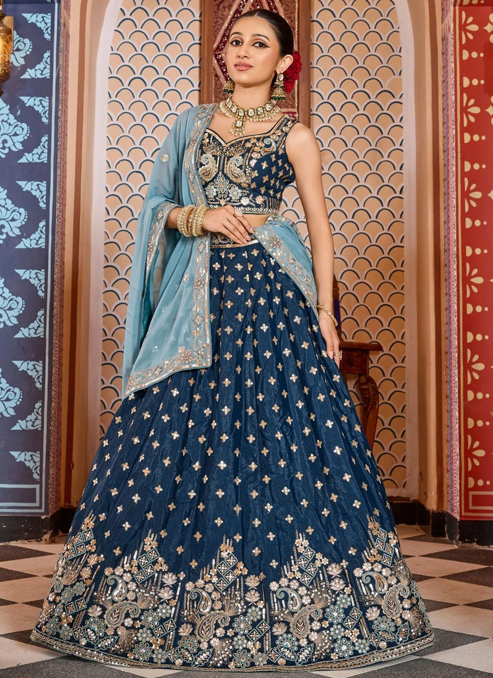 Majestic navy blue reception lehenga in tissue silk with zari sequins embroidery