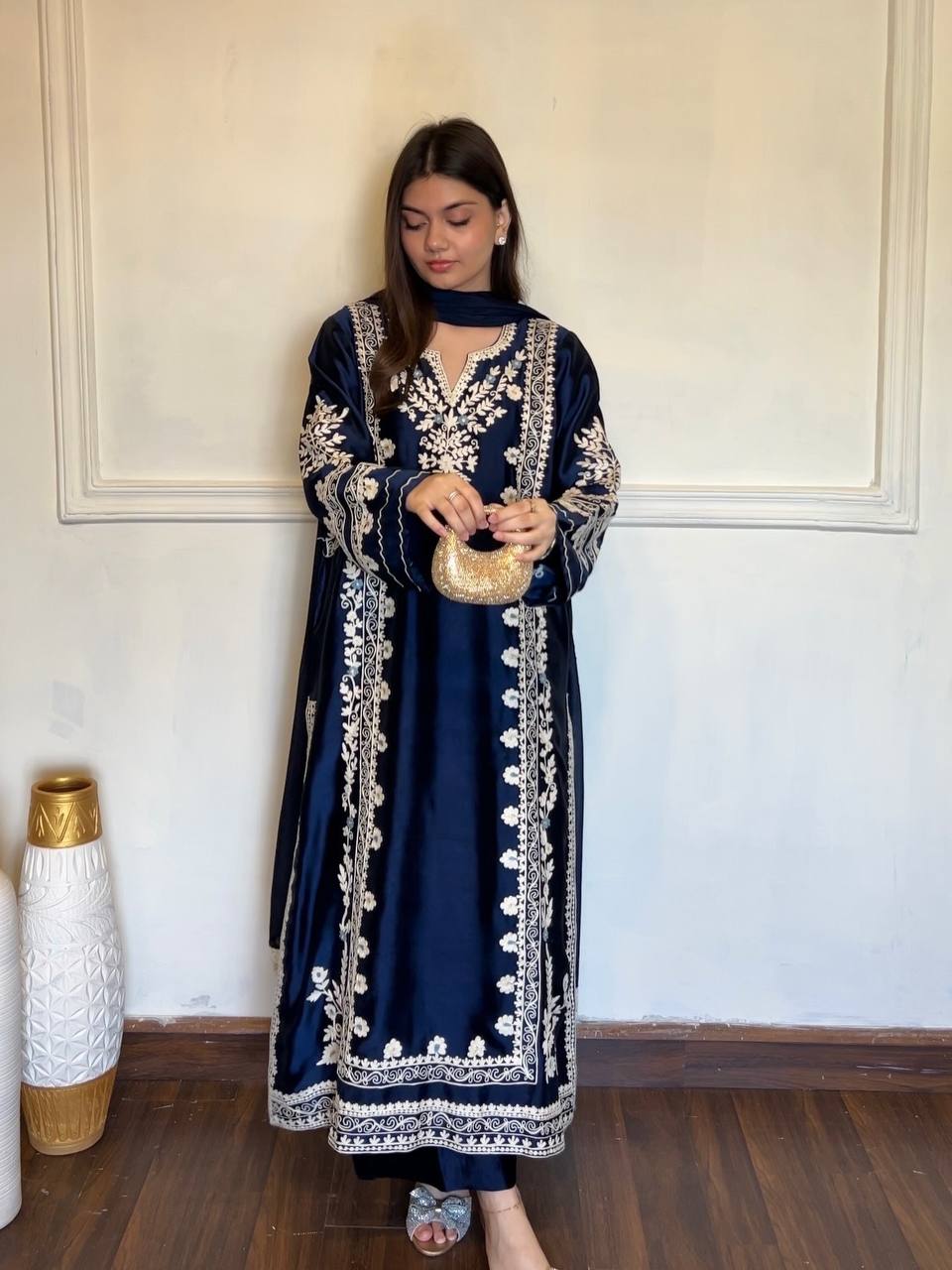 Navy Blue Satin Rayon Kaftan Set with