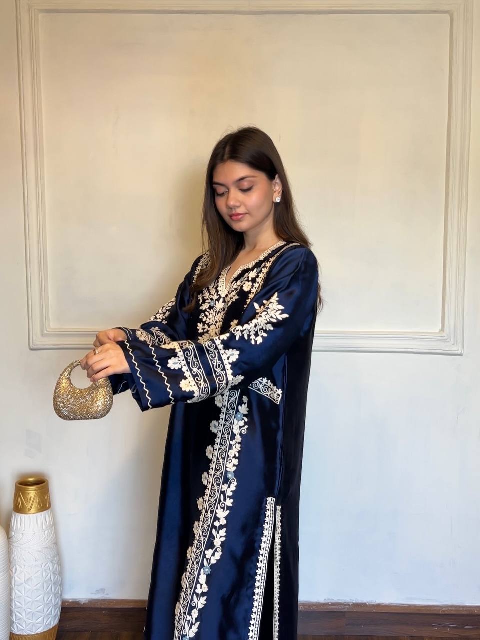 Navy Blue Satin Rayon Kaftan Set with