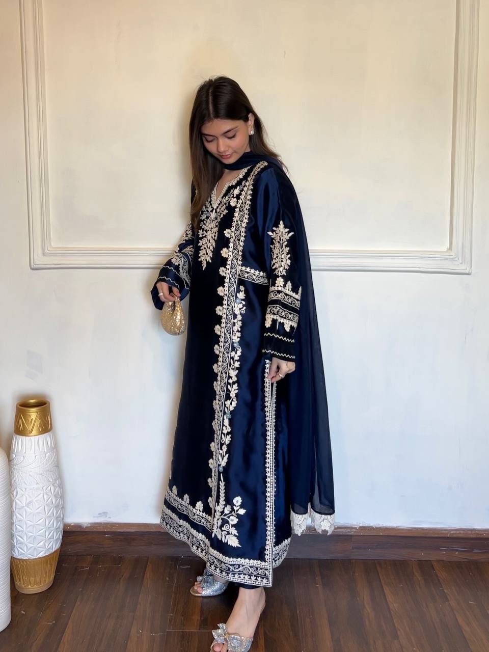 Navy Blue Satin Rayon Kaftan Set with