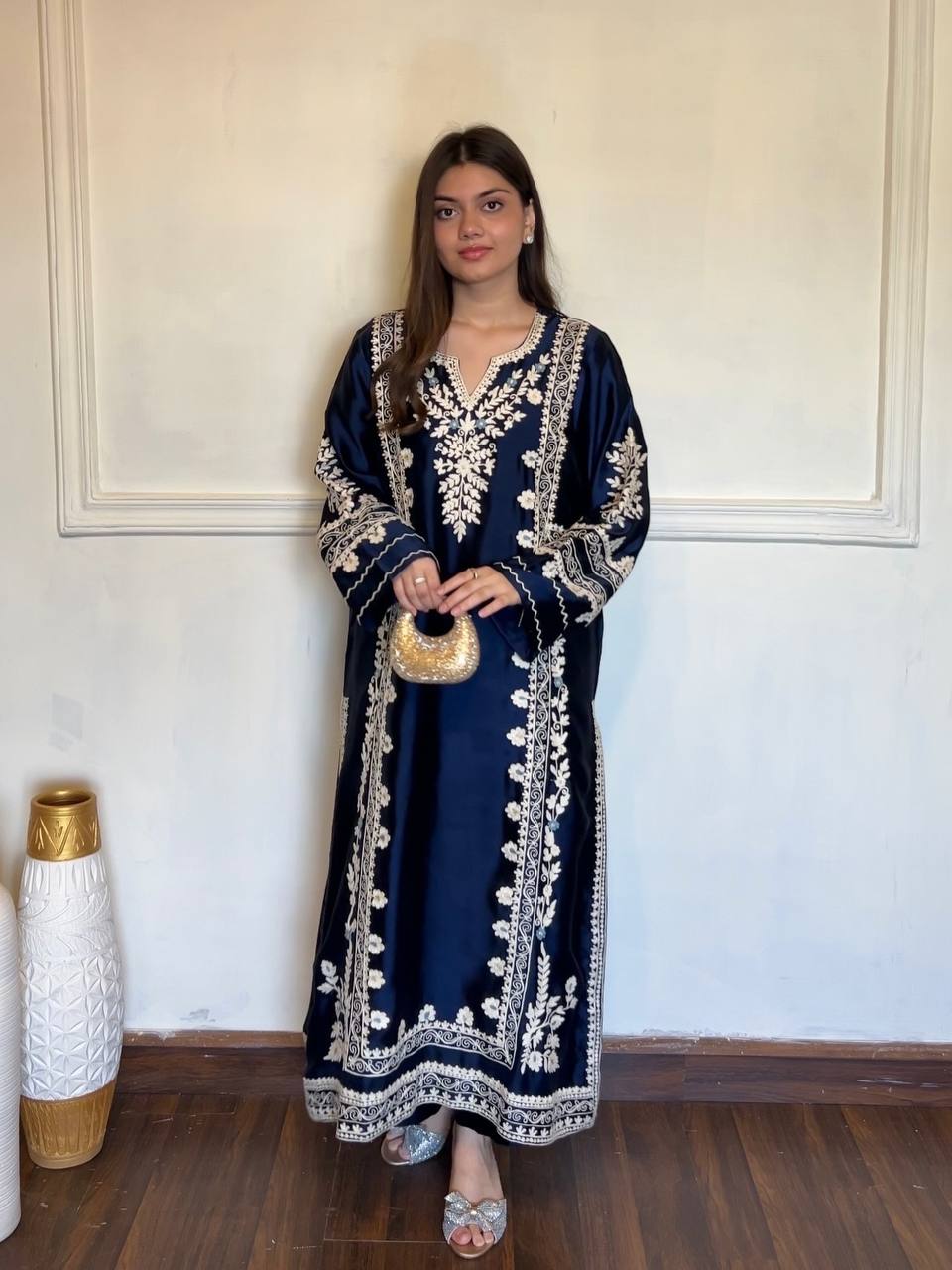 Navy Blue Satin Rayon Kaftan Set with
