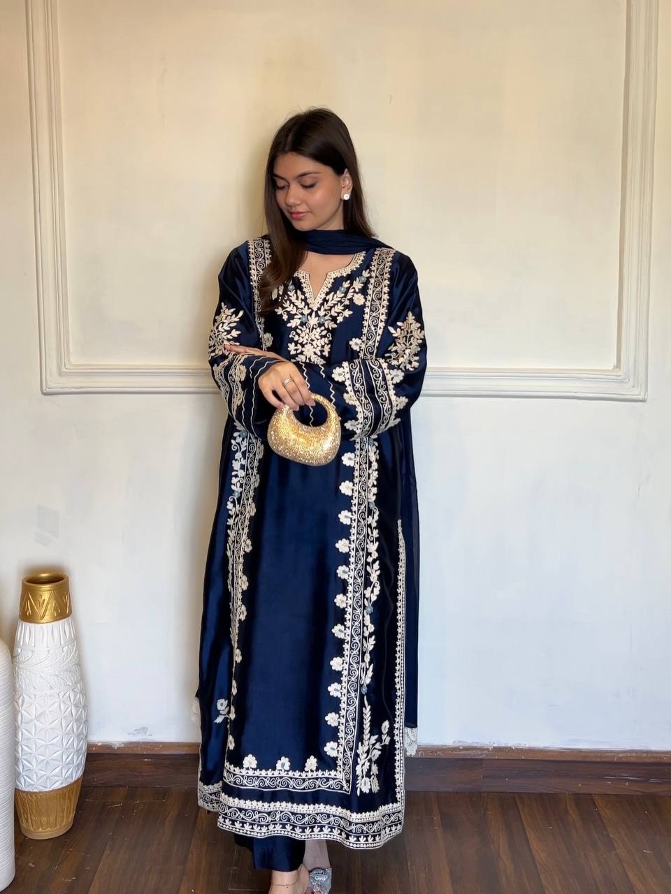 Navy Blue Satin Rayon Kaftan Set with