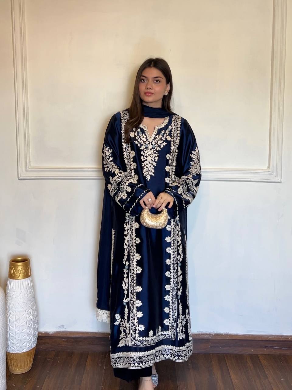 Navy Blue Satin Rayon Kaftan Set with