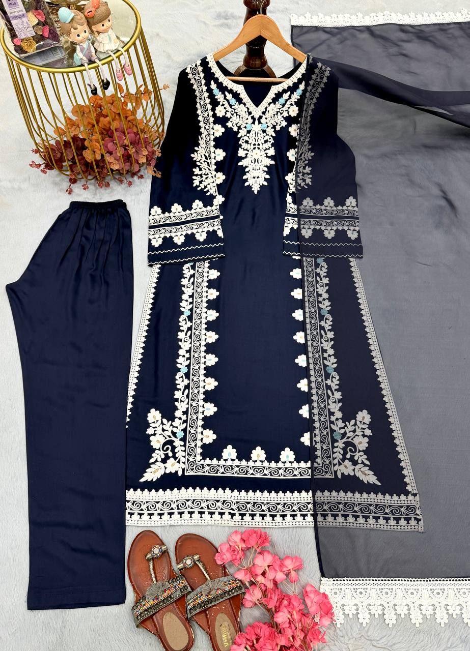 Navy Blue Satin Rayon Kaftan Set with