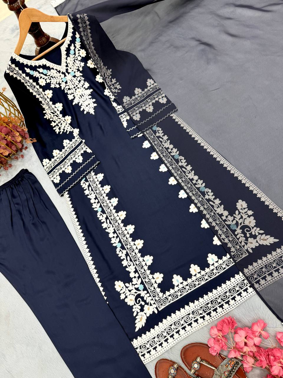 Navy Blue Satin Rayon Kaftan Set with