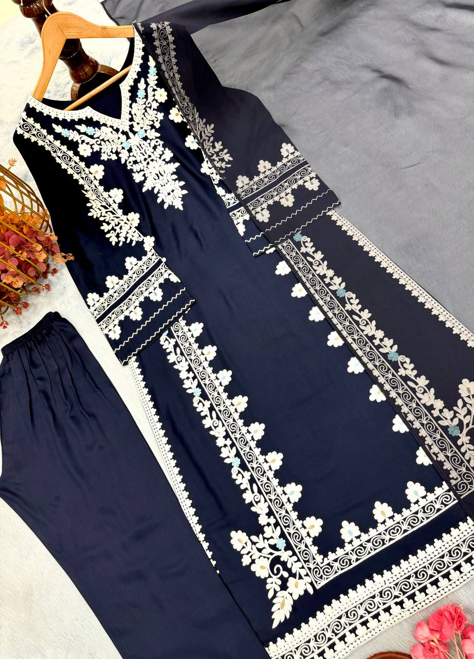 Navy Blue Satin Rayon Kaftan Set with
