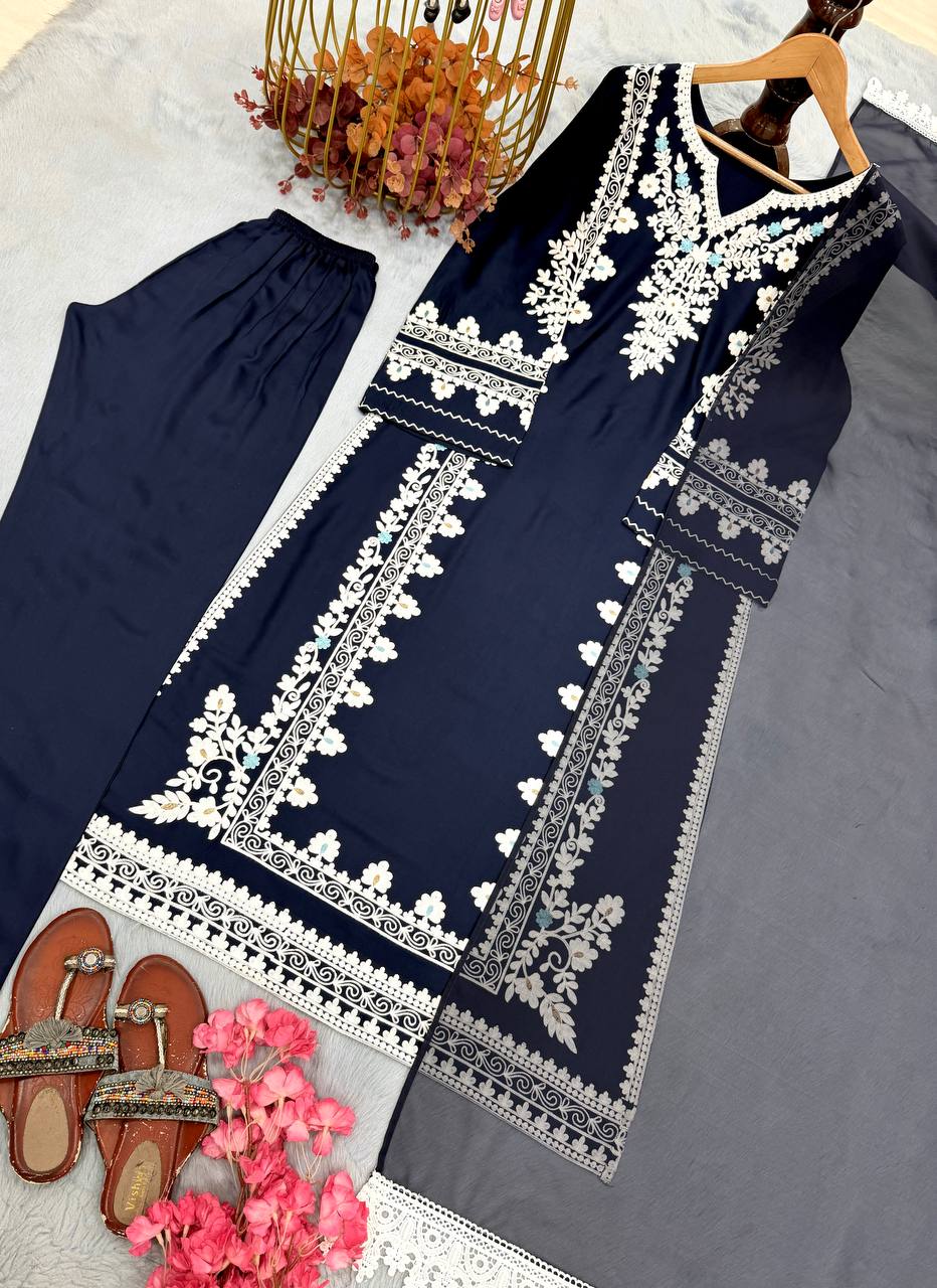 Navy Blue Satin Rayon Kaftan Set with