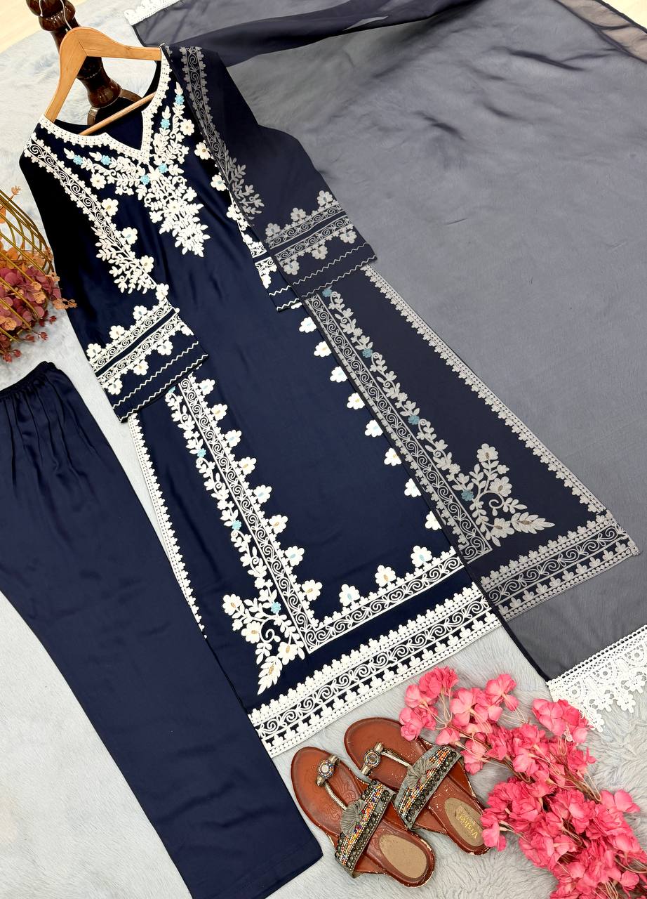 Navy Blue Satin Rayon Kaftan Set with