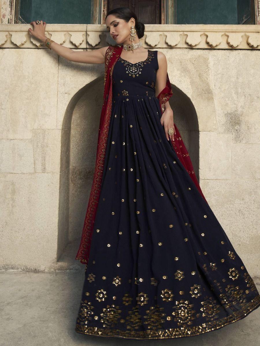 Navy Blue Sequins Work Georgette Wedding Wear Gown With Dupatta