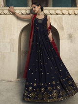 Navy Blue Sequins Work Georgette Wedding Wear Gown With Dupatta