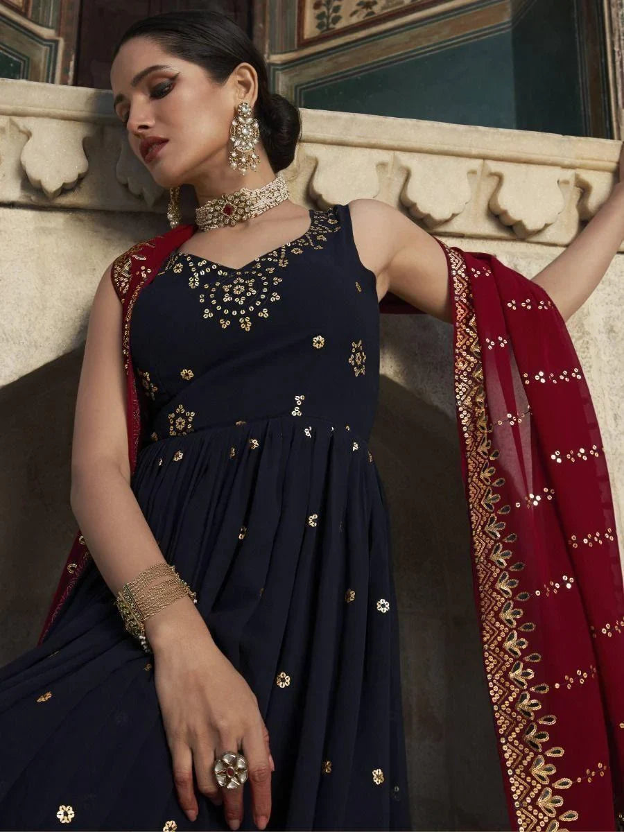 Navy Blue Sequins Work Georgette Wedding Wear Gown With Dupatta