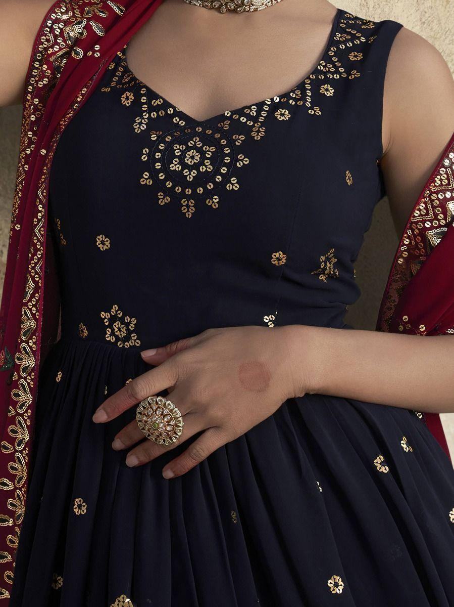 Navy Blue Sequins Work Georgette Wedding Wear Gown With Dupatta