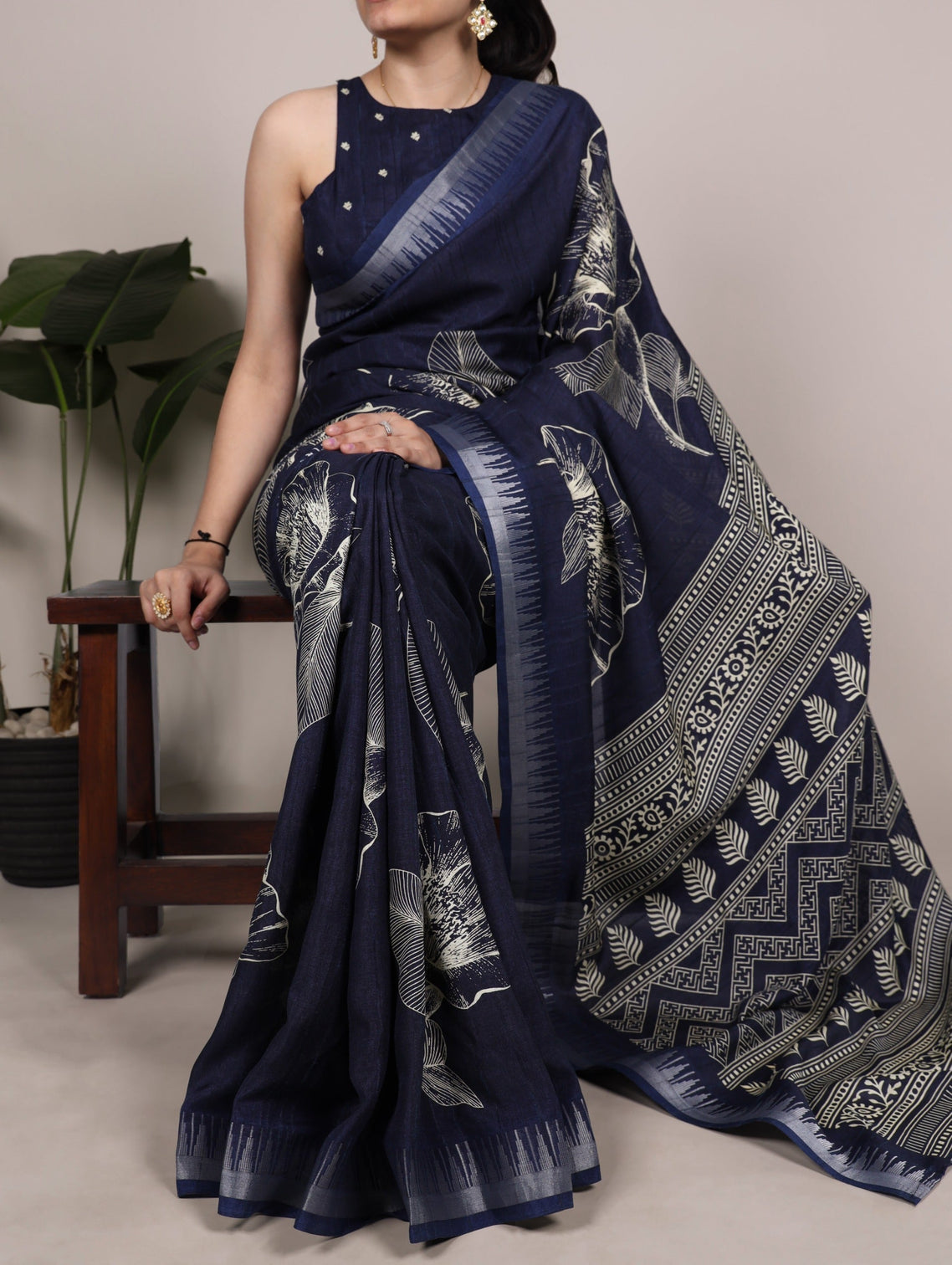 Navy Blue Silk Floral Printed Saree