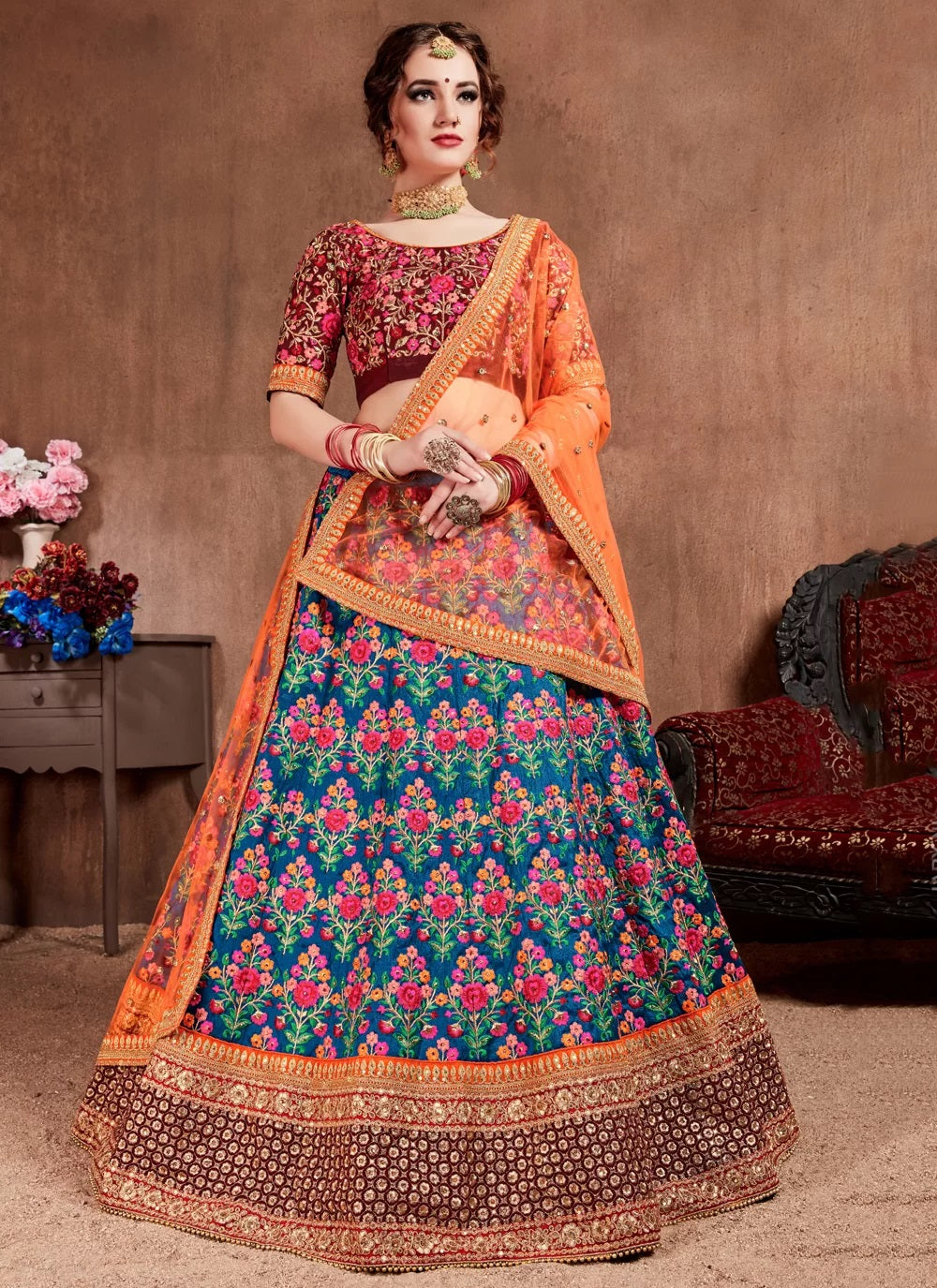 Navy blue silk lehenga for bride