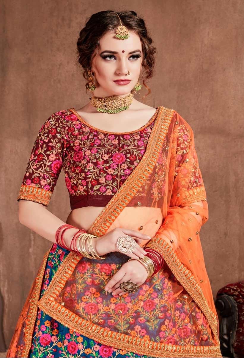 Navy blue silk lehenga for bride