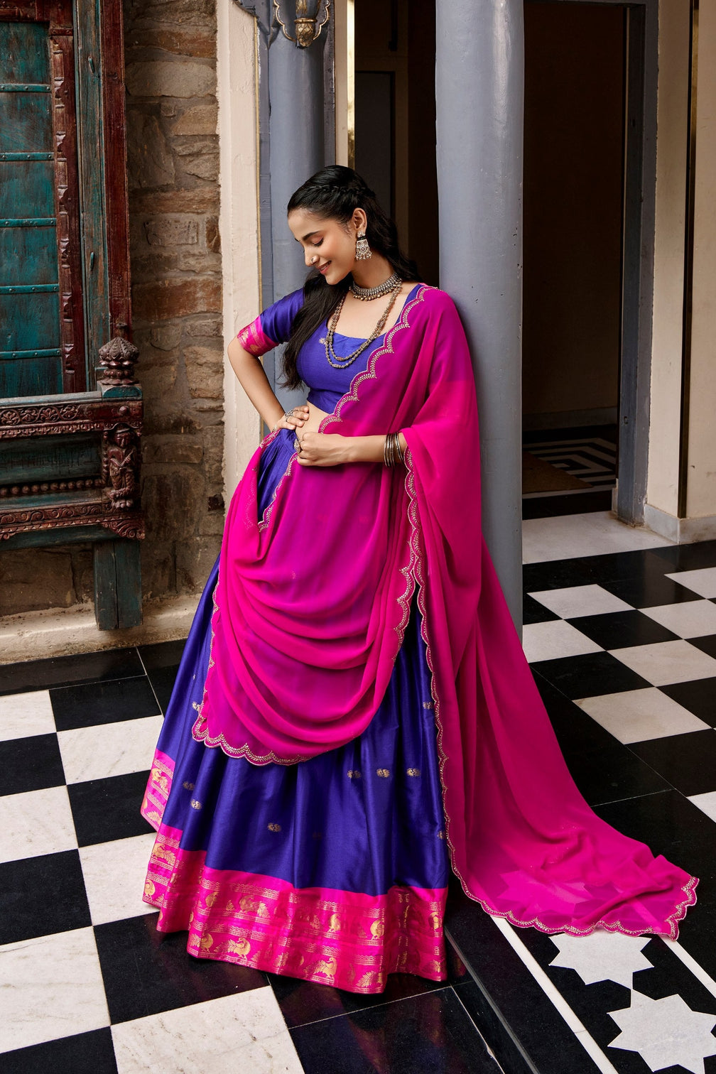 Navy Blue South Style Cotton Lehenga Set