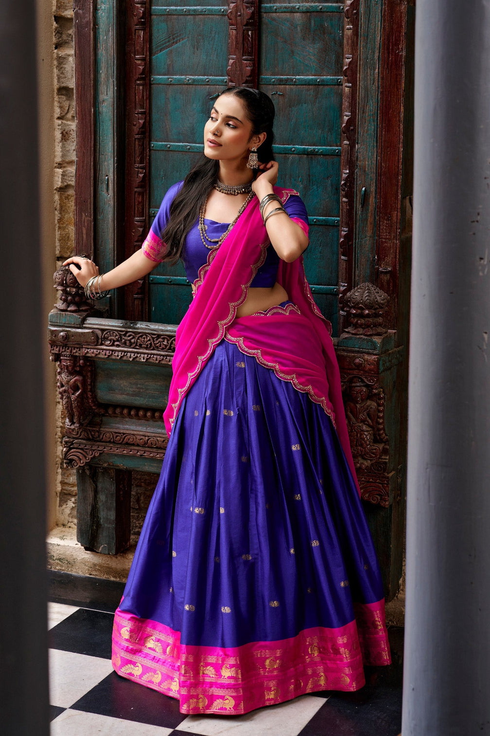 Navy Blue South Style Cotton Lehenga Set
