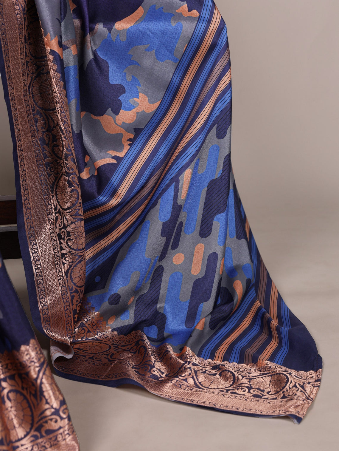 Navy Blue Tasar Silk Printed Saree