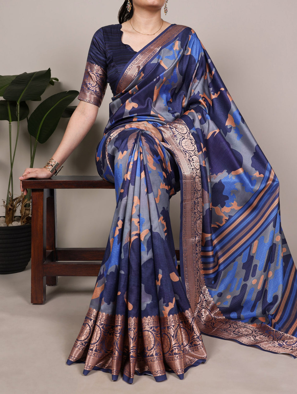 Navy Blue Tasar Silk Printed Saree
