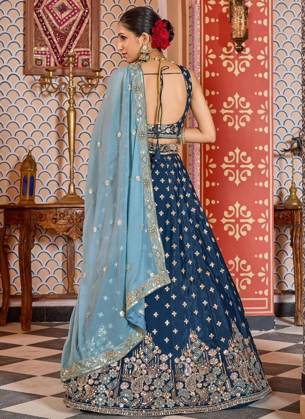 Majestic navy blue reception lehenga in tissue silk with zari sequins embroidery