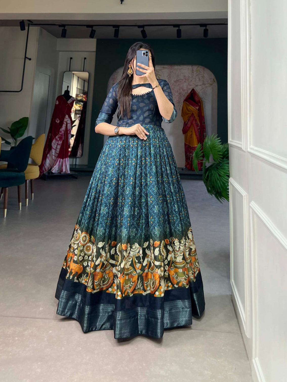 Navy Blue Tussar Silk Printed Gown with Woven Border