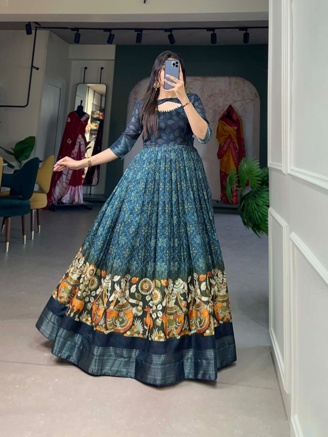 Navy Blue Tussar Silk Printed Gown with Woven Border