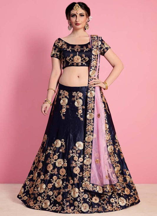 Navy Blue Velvet Embroidered Lehenga Choli Set