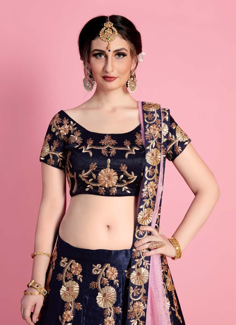 Navy Blue Velvet Embroidered Lehenga Choli Set