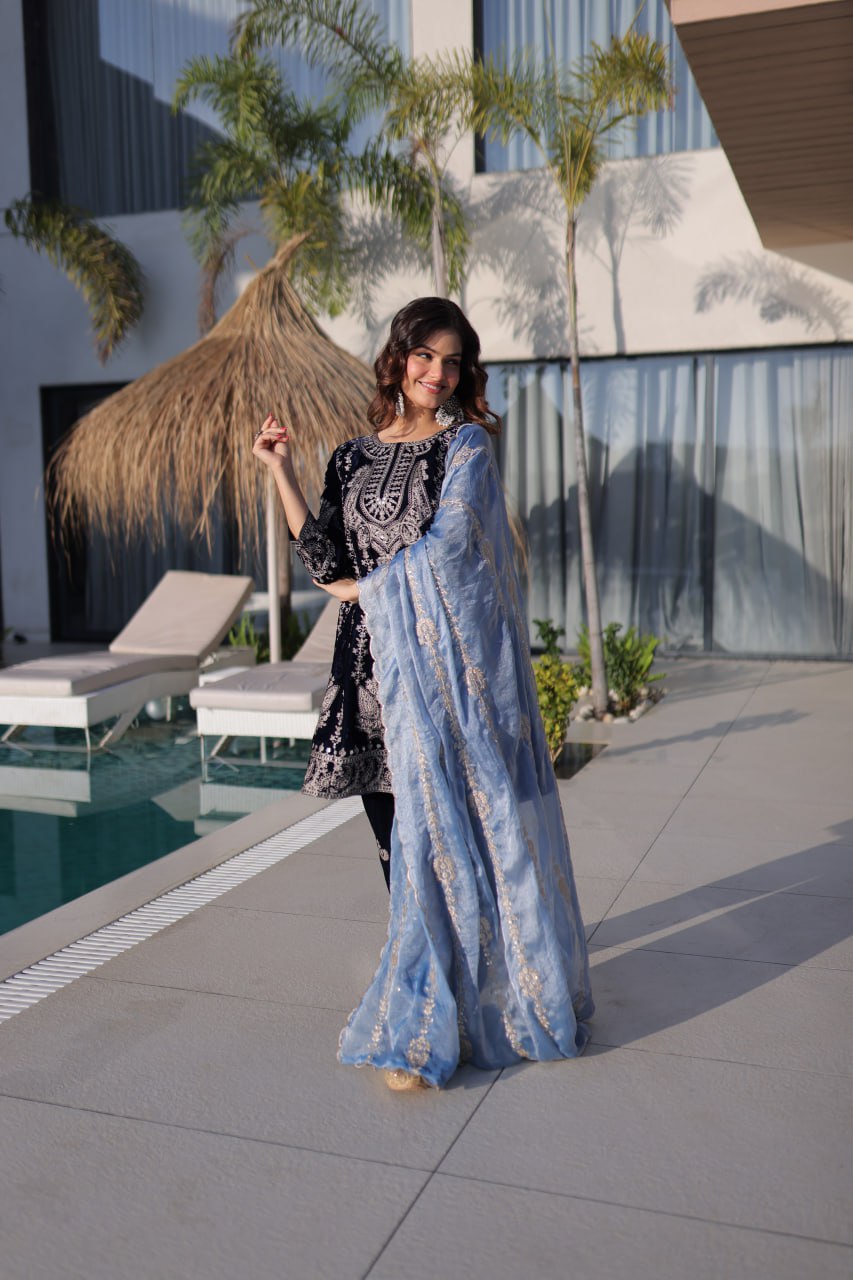 Navy Blue Velvet Zari Embroidered Top Pant Set with Sequins Dupatta