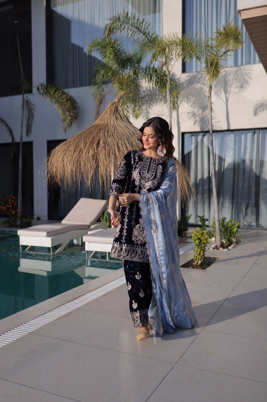 Navy Blue Velvet Zari Embroidered Top Pant Set with Sequins Dupatta
