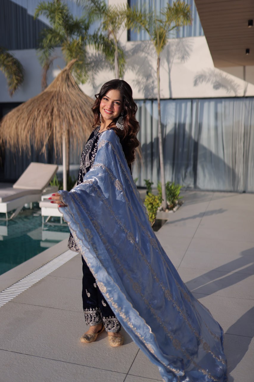 Navy Blue Velvet Zari Embroidered Top Pant Set with Sequins Dupatta