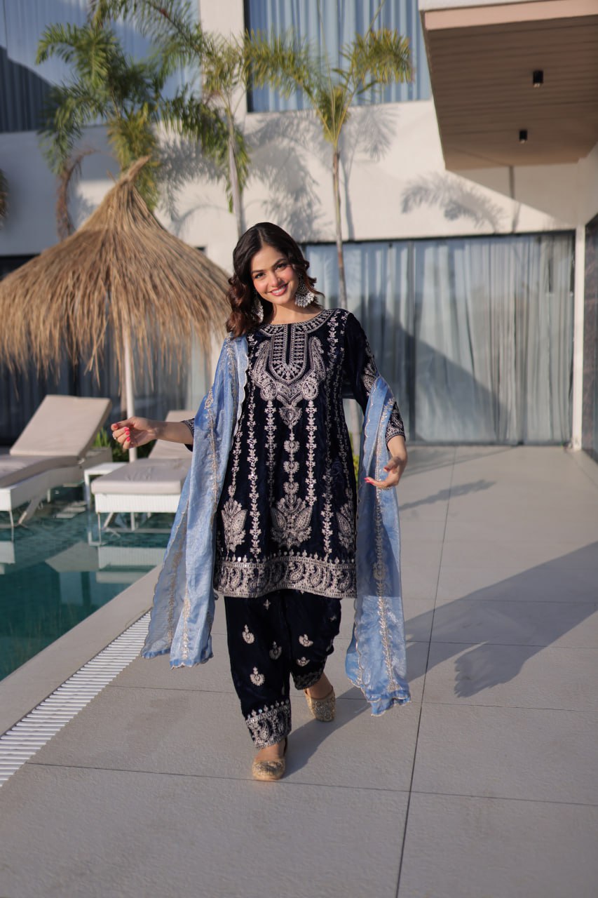 Navy Blue Velvet Zari Embroidered Top Pant Set with Sequins Dupatta