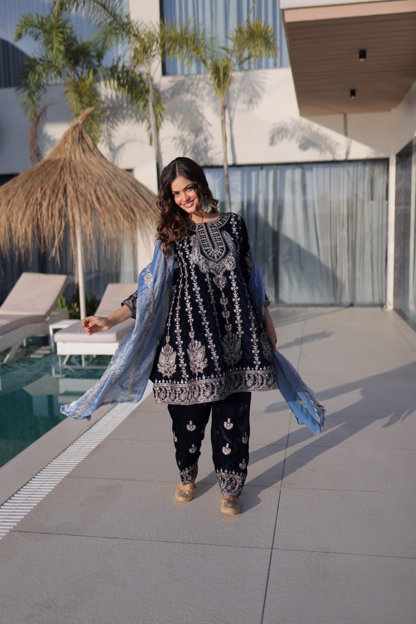 Navy Blue Velvet Zari Embroidered Top Pant Set with Sequins Dupatta