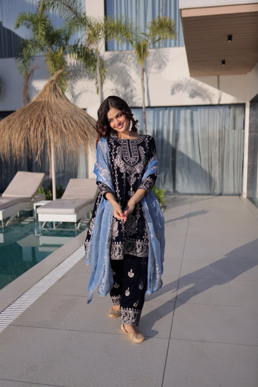 Navy Blue Velvet Zari Embroidered Top Pant Set with Sequins Dupatta