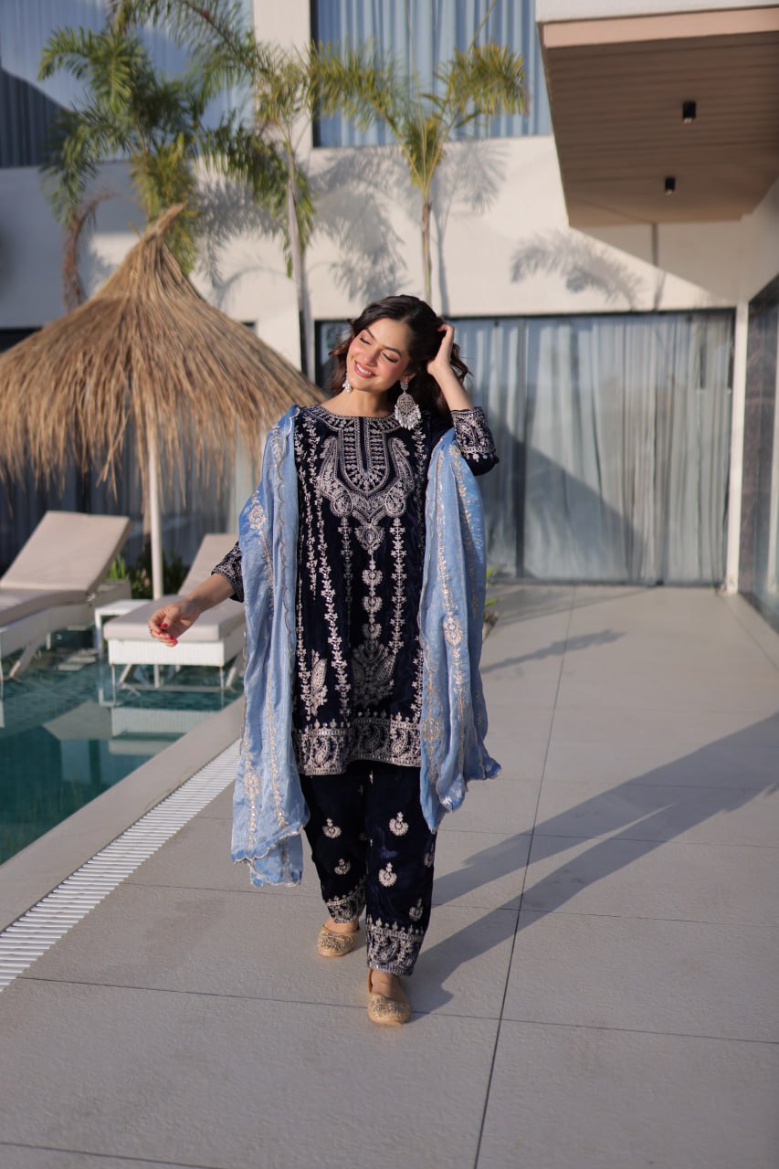 Navy Blue Velvet Zari Embroidered Top Pant Set with Sequins Dupatta