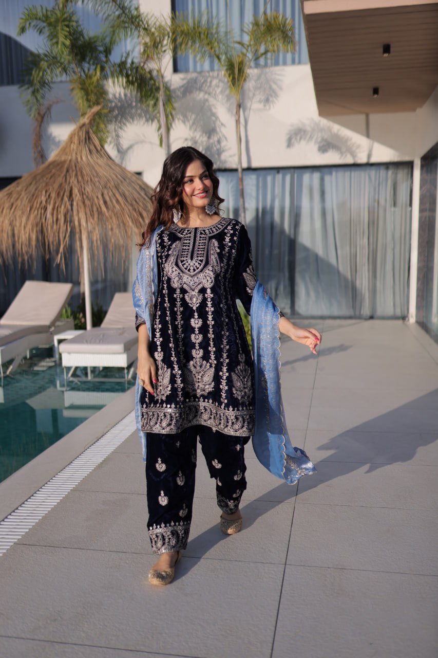 Navy Blue Velvet Zari Embroidered Top Pant Set with Sequins Dupatta