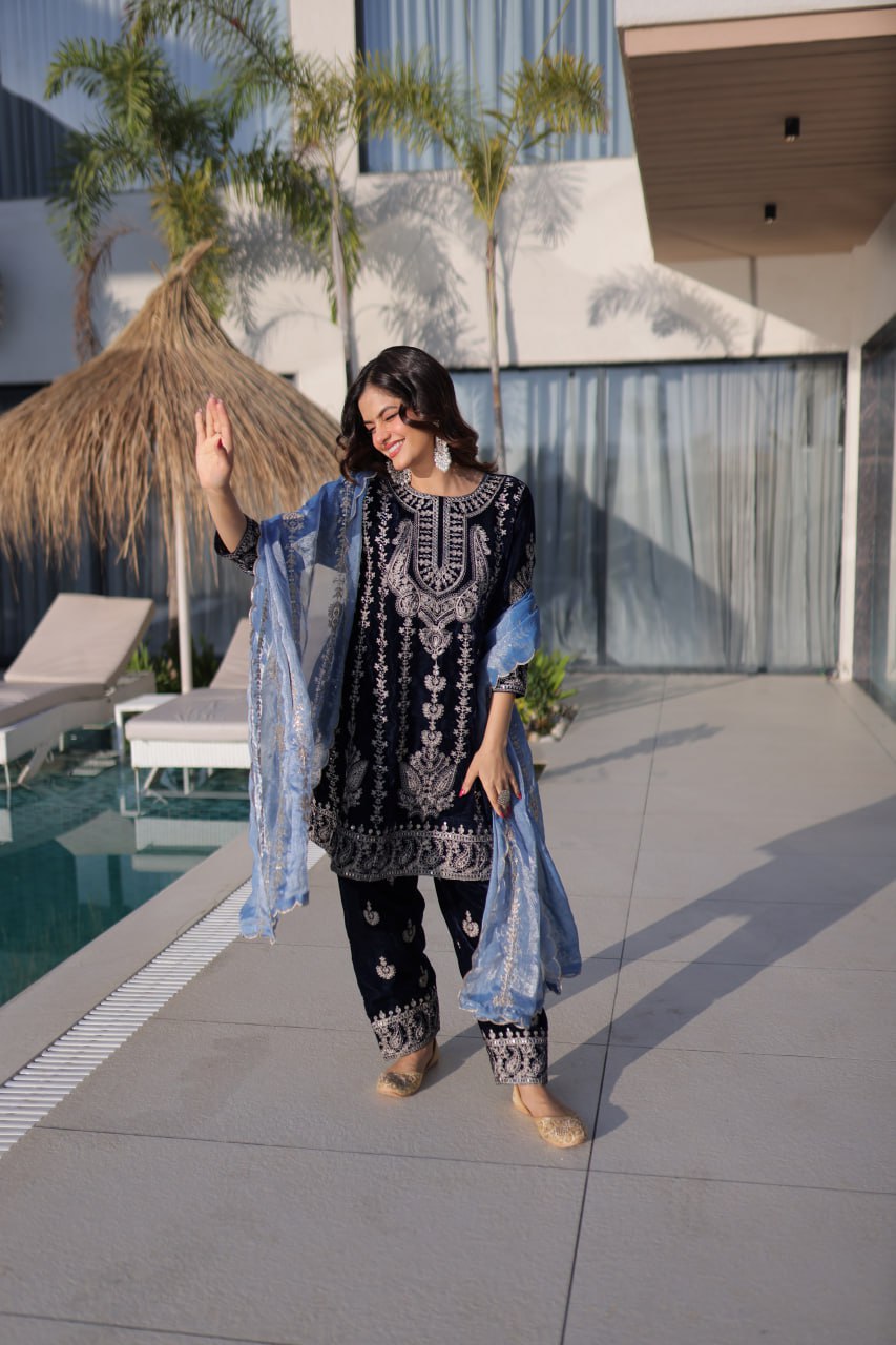 Navy Blue Velvet Zari Embroidered Top Pant Set with Sequins Dupatta