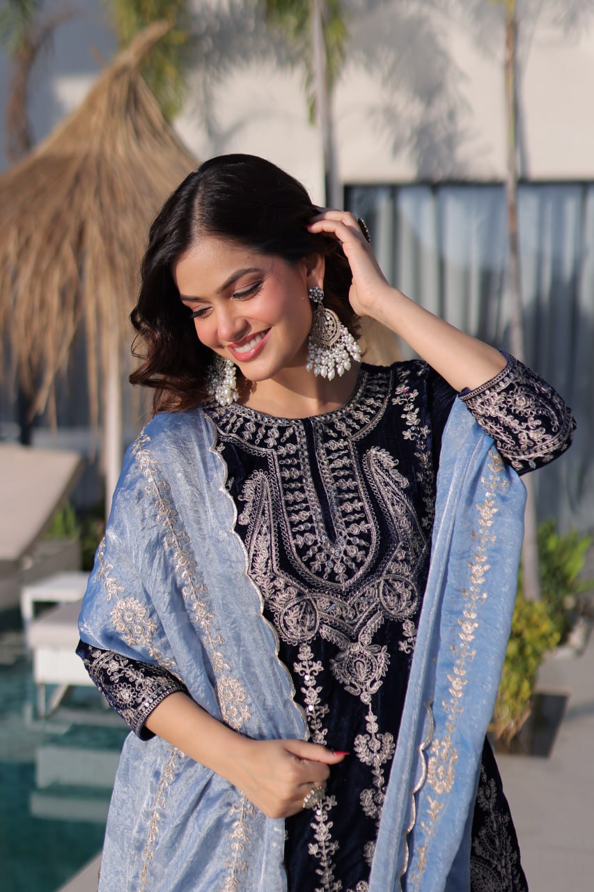 Navy Blue Velvet Zari Embroidered Top Pant Set with Sequins Dupatta
