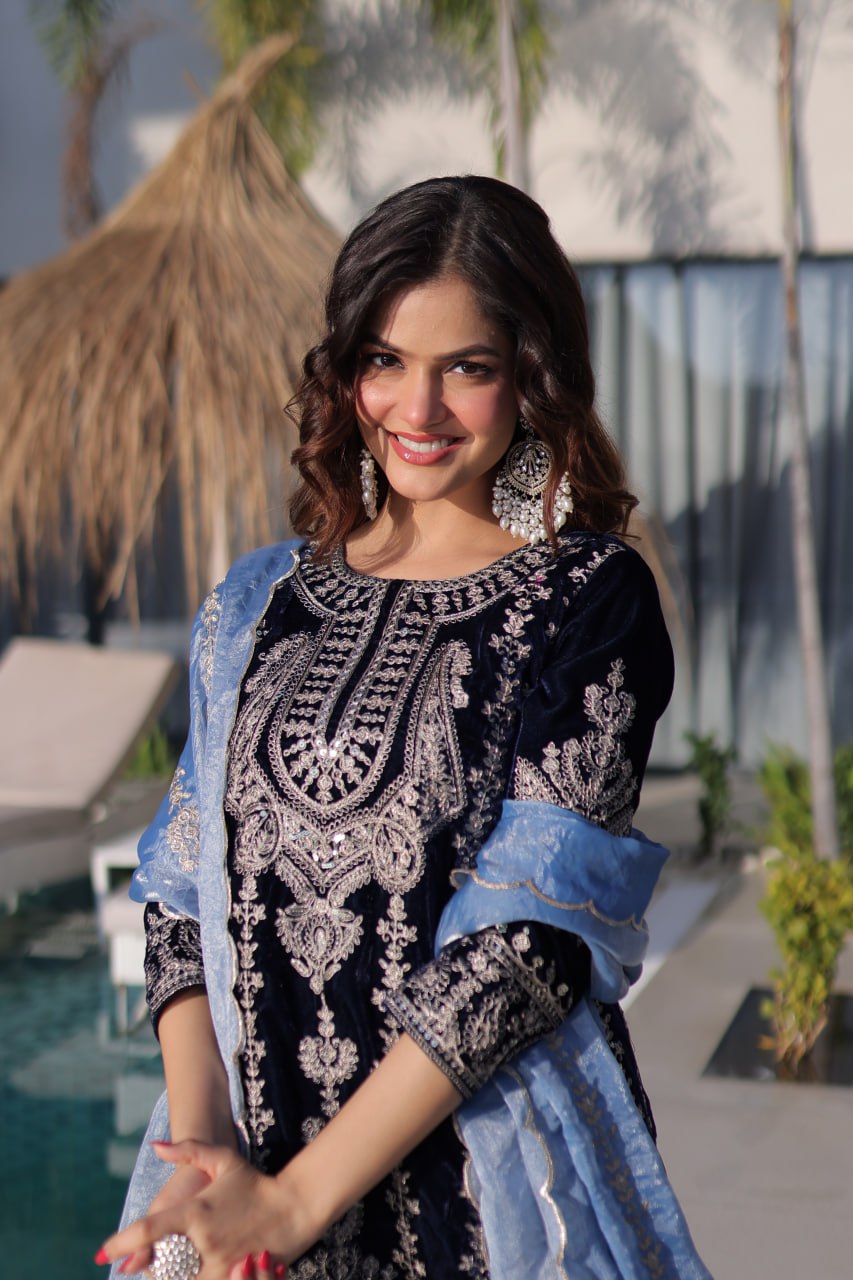 Navy Blue Velvet Zari Embroidered Top Pant Set with Sequins Dupatta