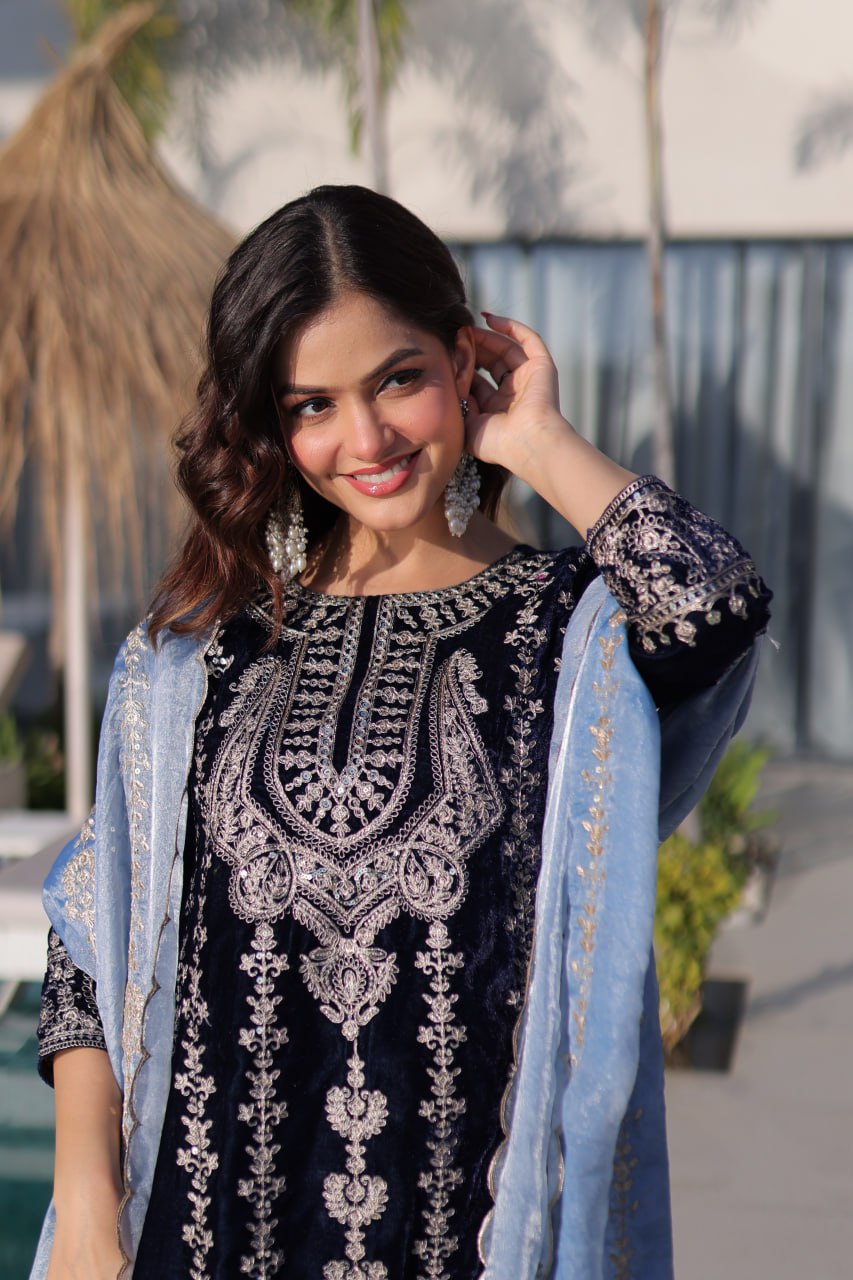 Navy Blue Velvet Zari Embroidered Top Pant Set with Sequins Dupatta