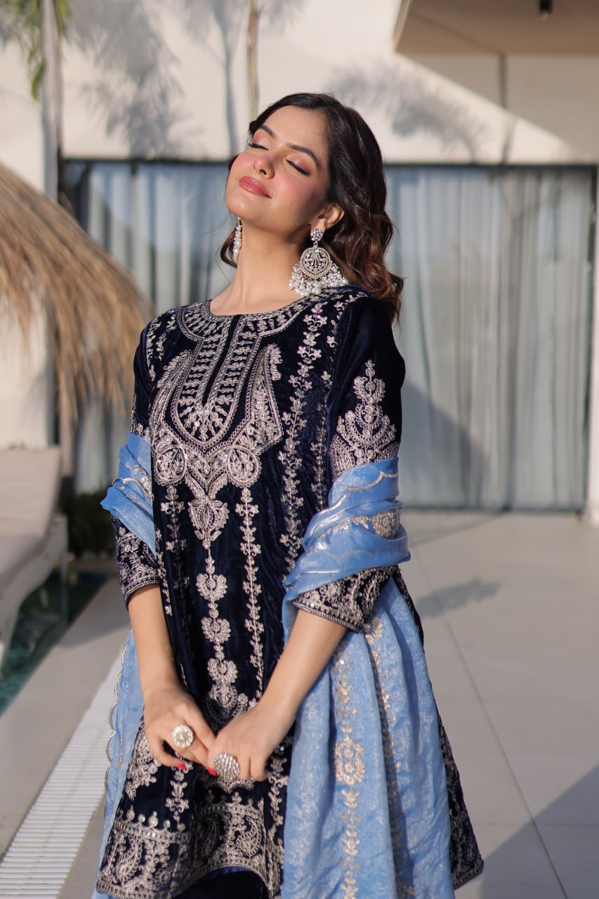 Navy Blue Velvet Zari Embroidered Top Pant Set with Sequins Dupatta