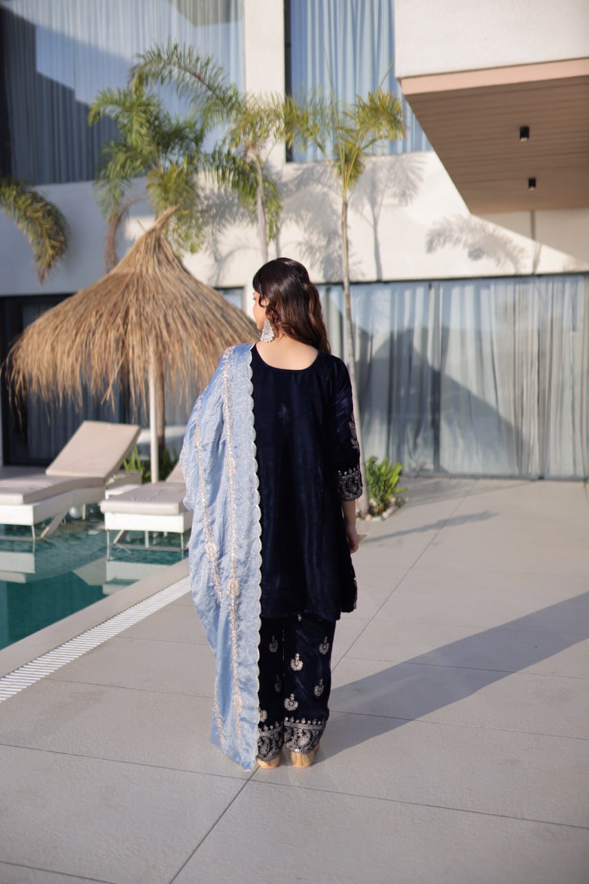 Navy Blue Velvet Zari Embroidered Top Pant Set with Sequins Dupatta