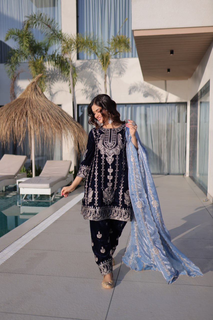 Navy Blue Velvet Zari Embroidered Top Pant Set with Sequins Dupatta