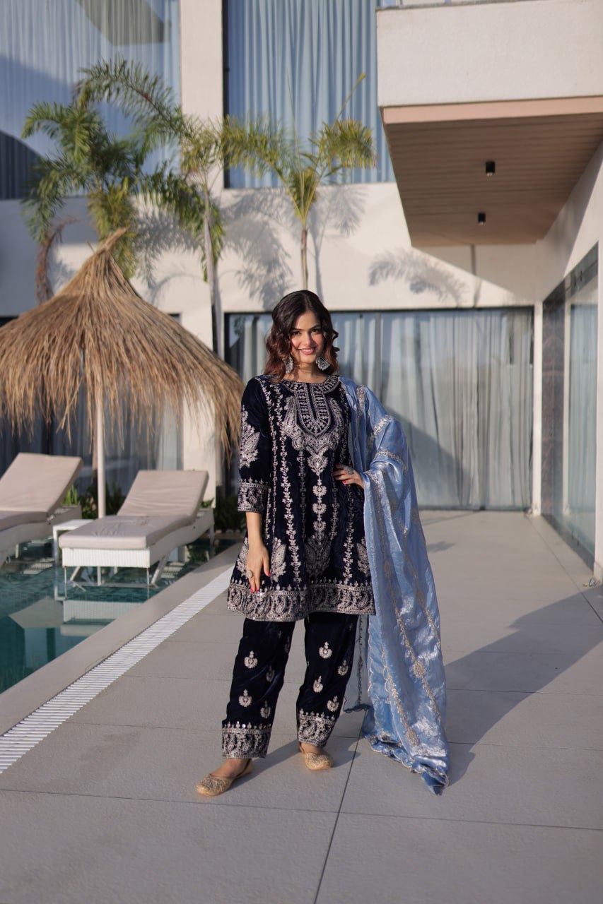 Navy Blue Velvet Zari Embroidered Top Pant Set with Sequins Dupatta